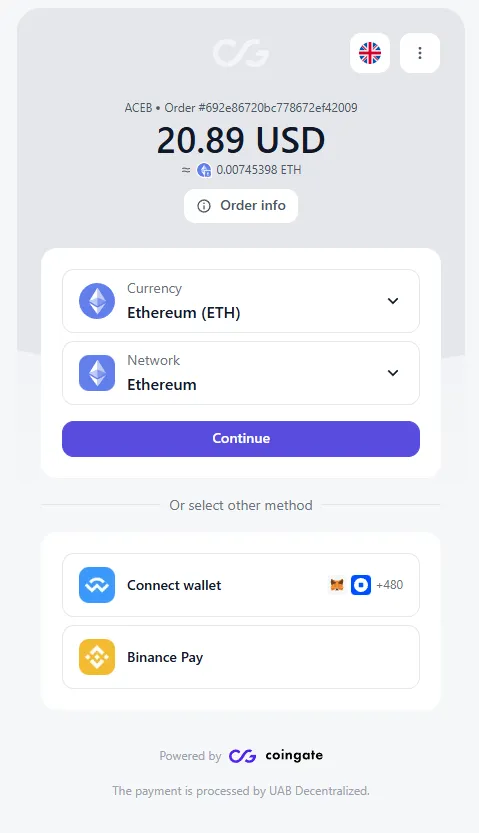 Ethereum payment invoice generated for an ACEB.com digital gift card order